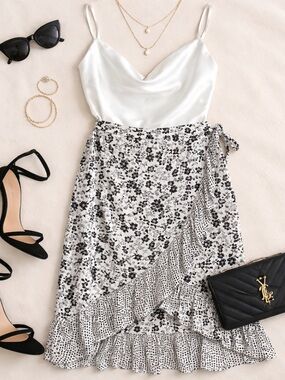 Maurices Black & White Floral High-Low Wrap Skirt size XL